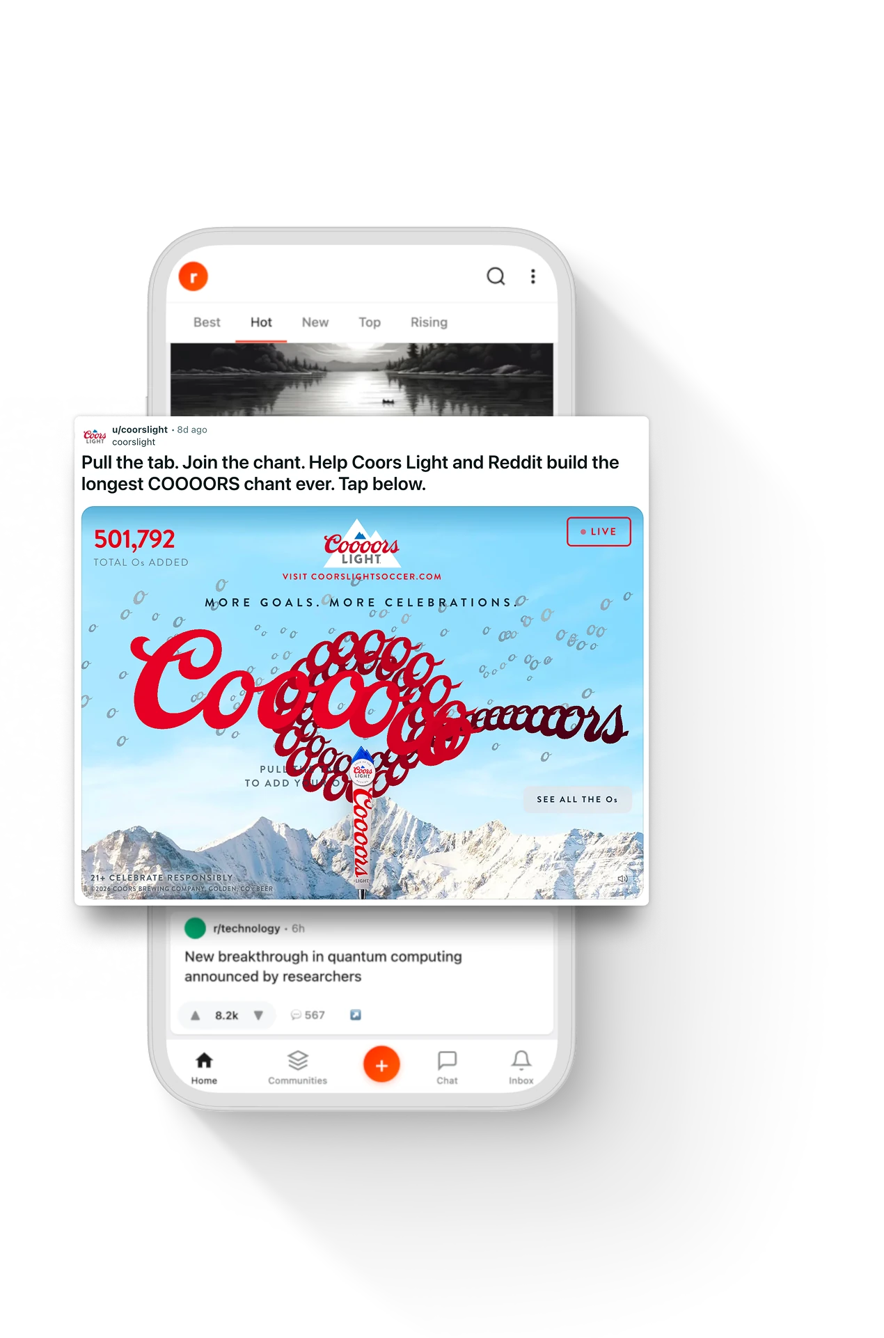 Coors Chant live in the Reddit feed, showing 501,792 Os added and the COOOORS chant animation